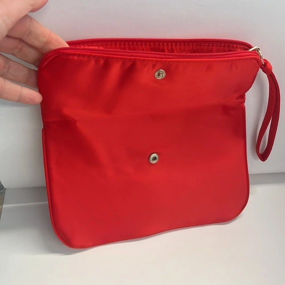 Giorgio Armani Red Satin Foldover Snap Zip Large Wristlet Clutch Bag - New